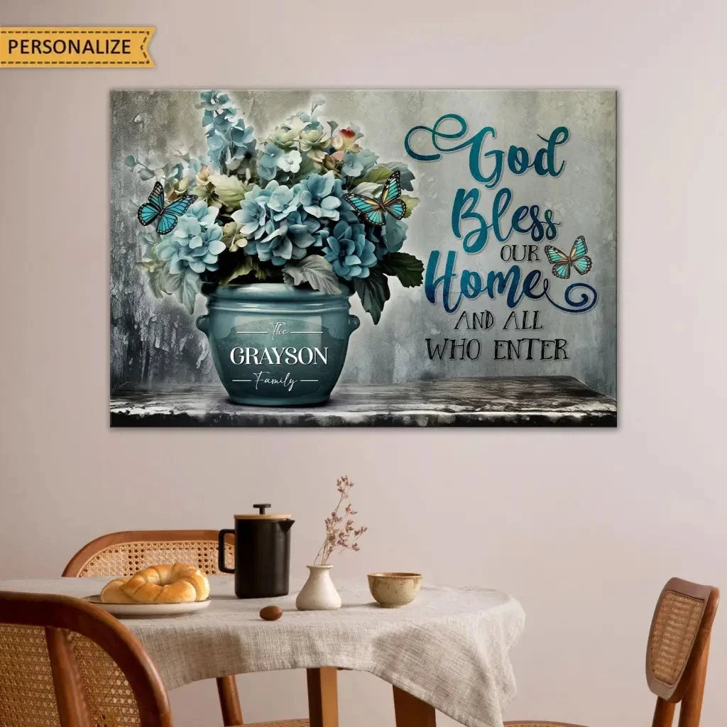 personalized god bless our home family name wall art canvas print (Landscape) (view 2)
