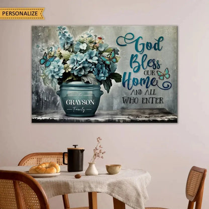 personalized god bless our home family name wall art canvas print (Landscape) (view 2)