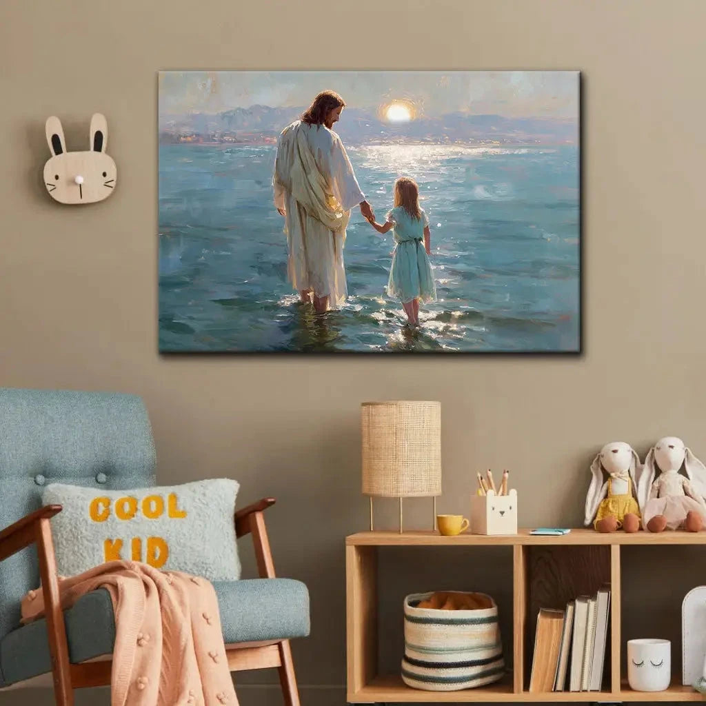 jesus and little girl on the water christian wall art canvas (Landscape) (view 3)