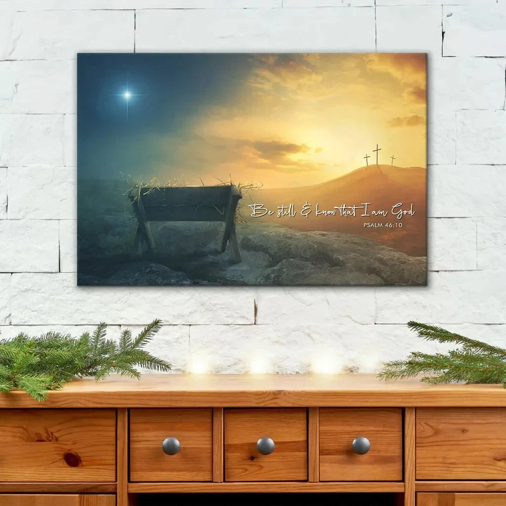 christian wall art canvas be still and know psalm 46 10 manger cross star (Landscape) (view 2)