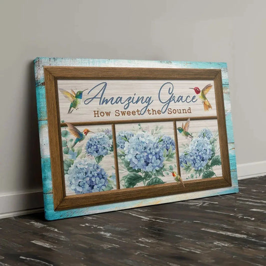 amazing grace how sweet the sound hummingbird and hydrangea christian wall art canvas (Landscape)