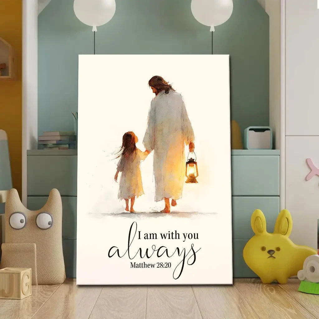 jesus holding child s hand i am with you always christian wall art canvas (view 2)