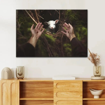 jesus hand reaching out to rescue a lamb wall art canvas (view 6)