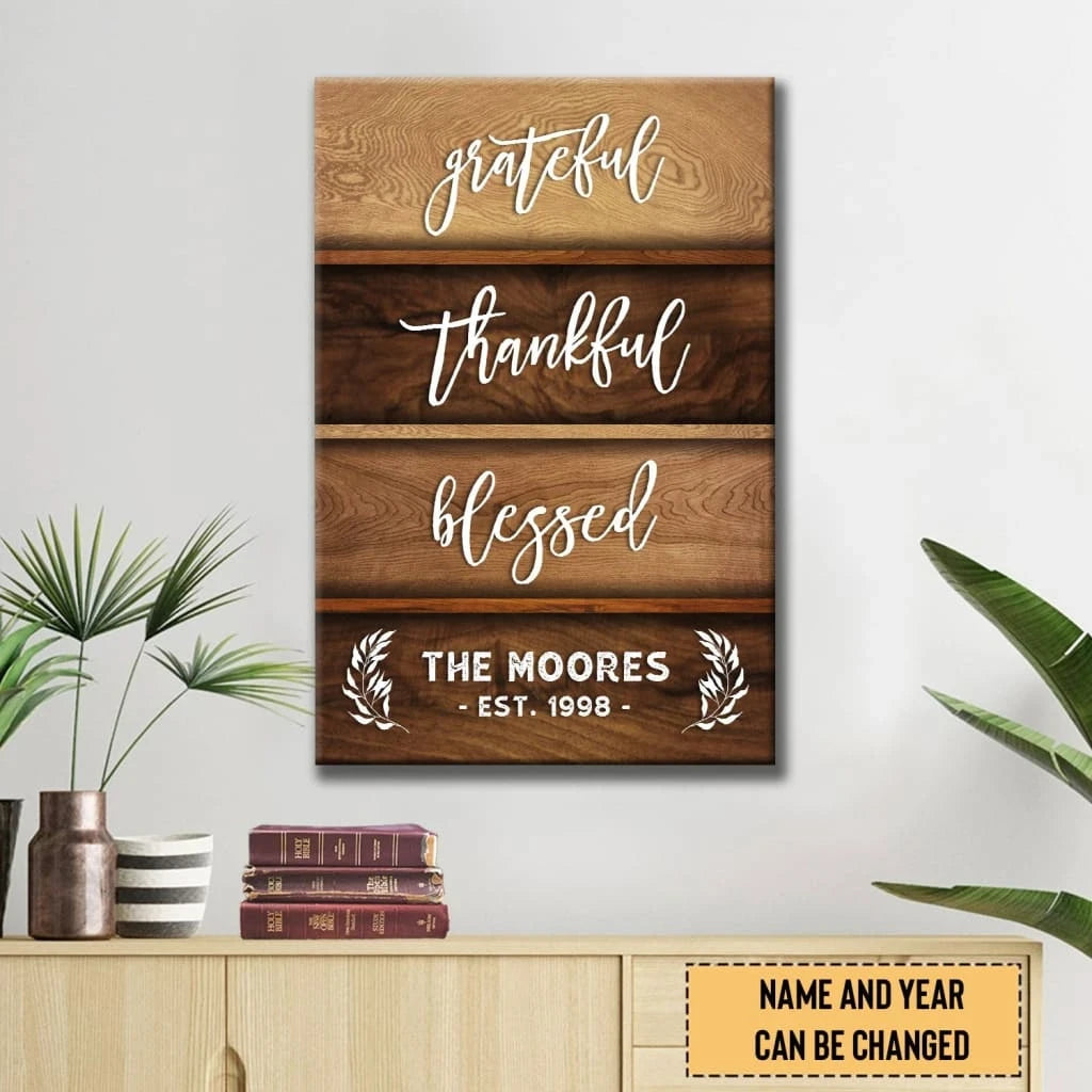 grateful thankful blessed personalized family name established year christian wall art canvas