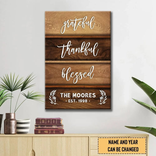 grateful thankful blessed personalized family name established year christian wall art canvas
