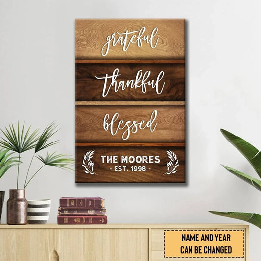 grateful thankful blessed personalized family name established year christian wall art canvas