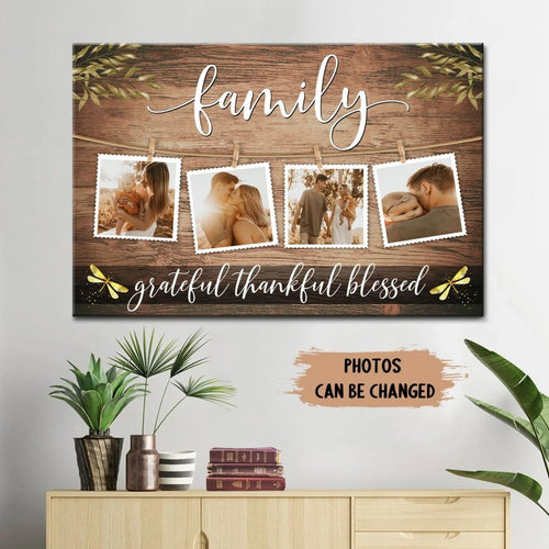 personalized family grateful thankful blessed wall art canvas with custom photos (Landscape)