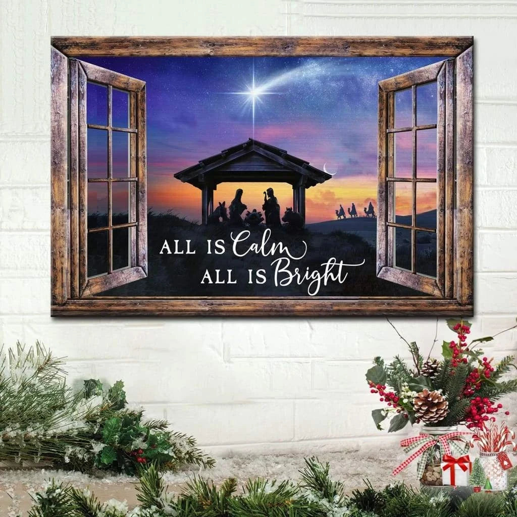 christian christmas gifts all is calm all is bright jesus born christmas wall art canvas (Landscape)