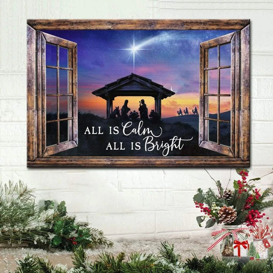 christian christmas gifts all is calm all is bright jesus born christmas wall art canvas (Landscape)