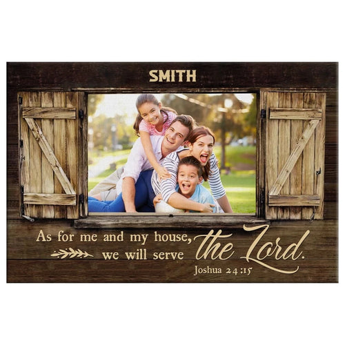 personalized joshua 24 15 as for me and my house wall art canvas with custom family name and photo (Landscape)