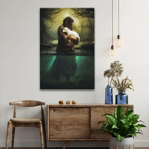 christian wall art jesus as shepherd carrying lamb through the waters canvas