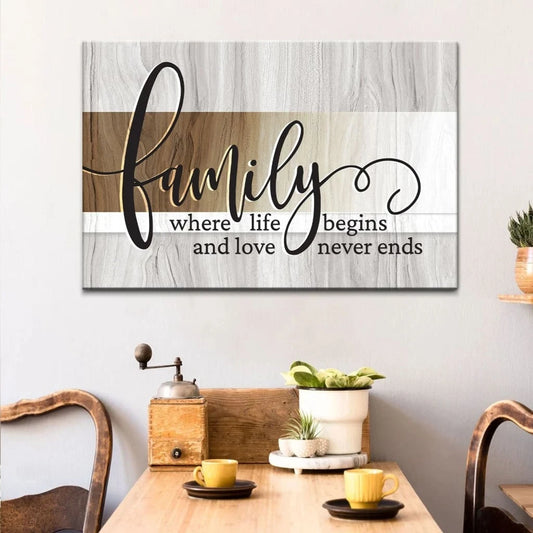 family where life begins and love never ends rustic christian wall art canvas (Landscape)