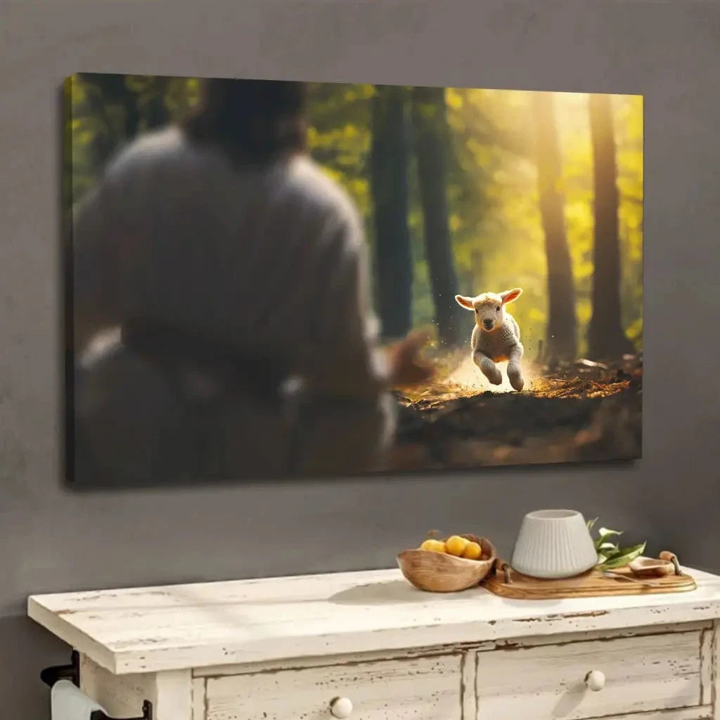 lamb running to jesus in the forest wall art canvas (Landscape)