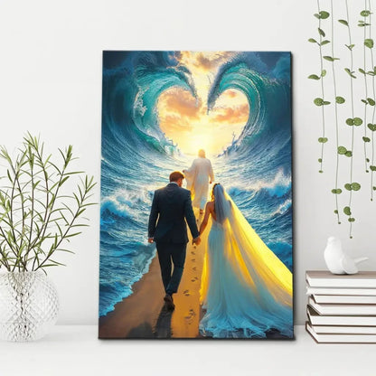 jesus leading a married couple through parted sea wall art canvas