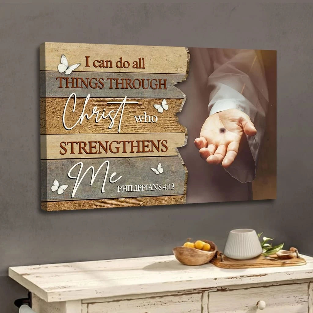 i can do all things through christ wall art jesus hands rustic christian canvas print (Landscape)