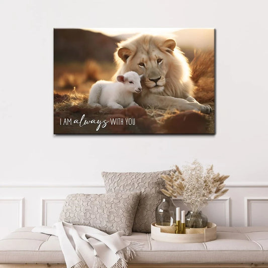 i am always with you lion and lamb christian wall art canvas (Landscape)