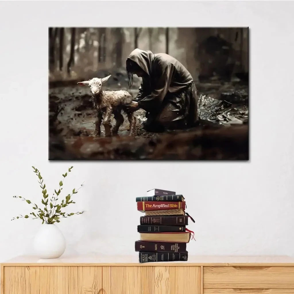 jesus rescues lost lamb wall art canvas (Landscape)