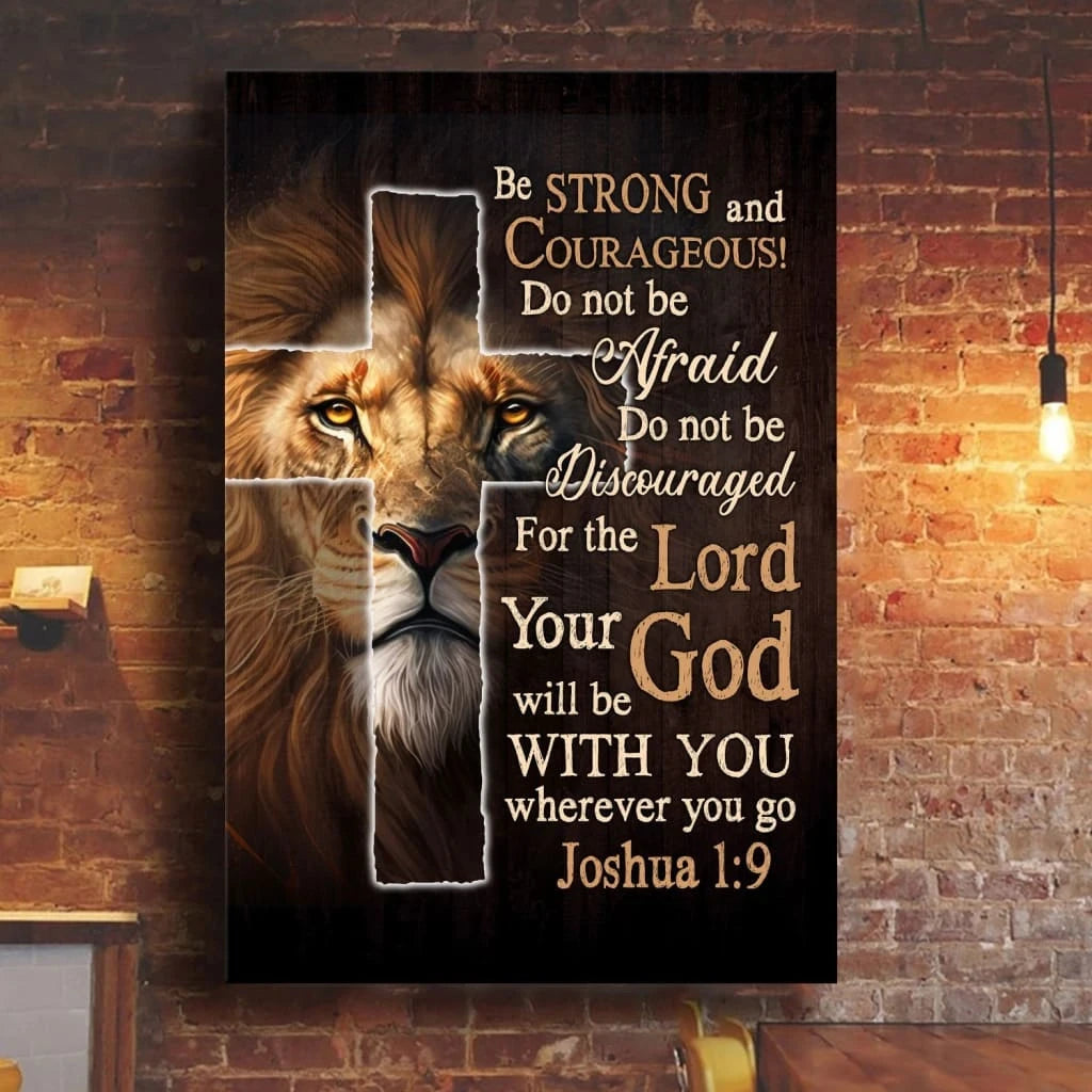 lion of judah joshua 1 9 be strong and courageous christian wall art canvas print