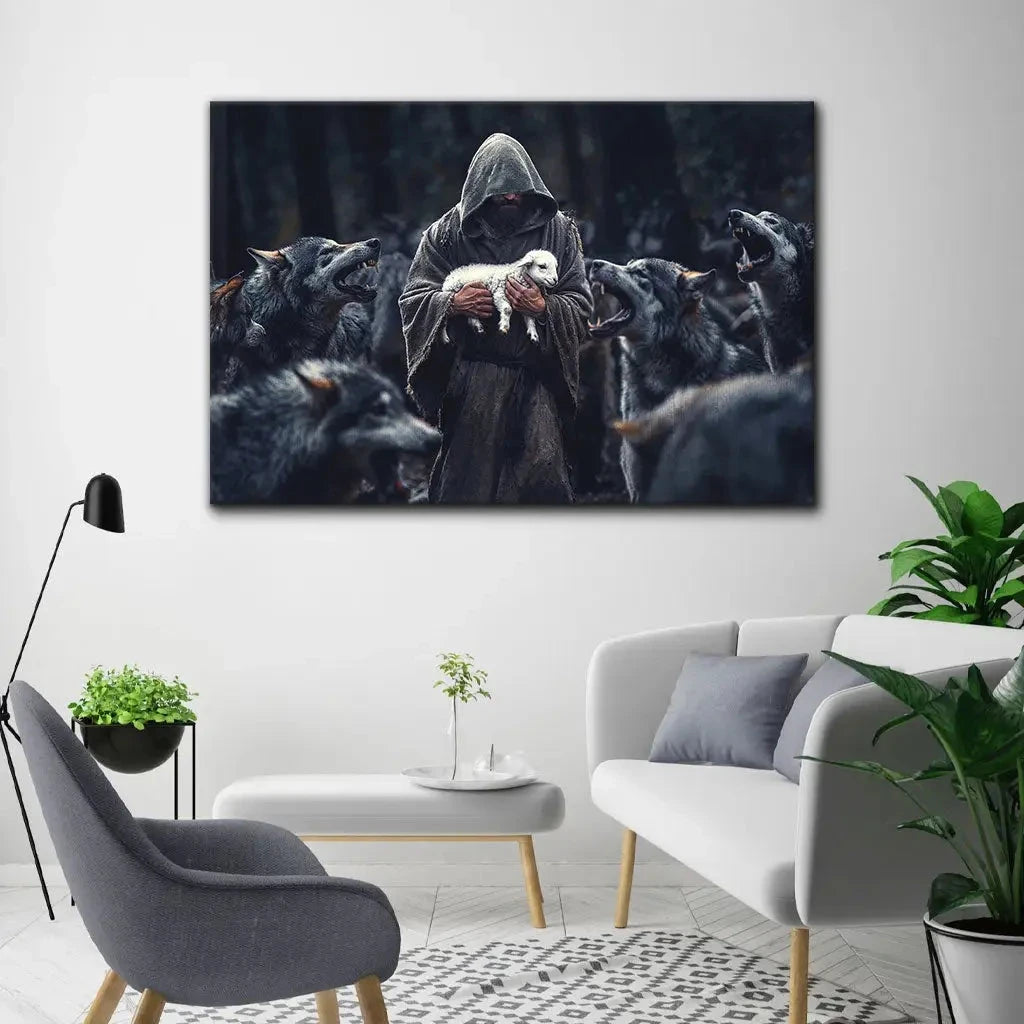 jesus the shepherd protects the lamb from the wolves canvas print (Landscape) (view 3)