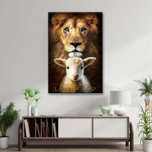 lion of judah and lamb of god stand together wall art canvas print