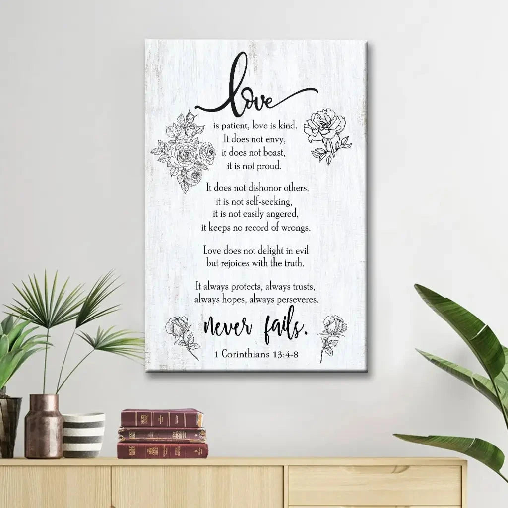 love never fails 1 corinthians 13 4 8 wall art canvas (Landscape) (view 2)