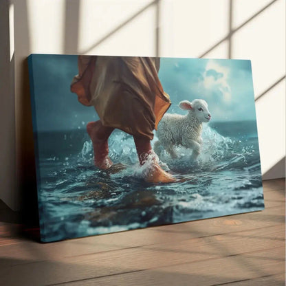 jesus walk on water with a lamb jesus and lamb wall art canvas (Landscape)