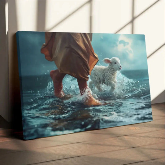 jesus walk on water with a lamb jesus and lamb wall art canvas (Landscape)
