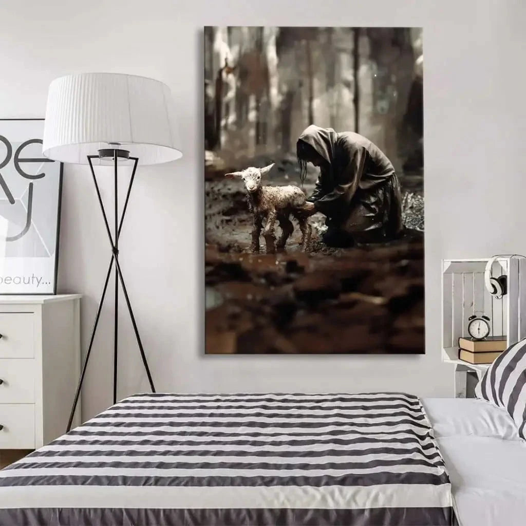 jesus rescues lost lamb wall art canvas (Landscape) (view 2)