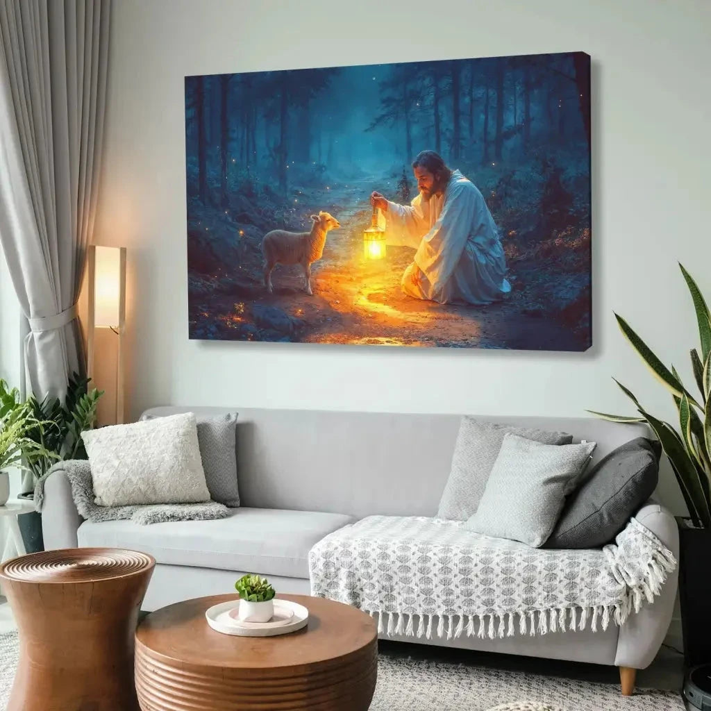 jesus rescues lamb at night wall art canvas (Landscape)