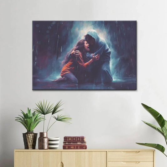 christian art jesus holds a woman in the storm wall art canvas (Landscape)