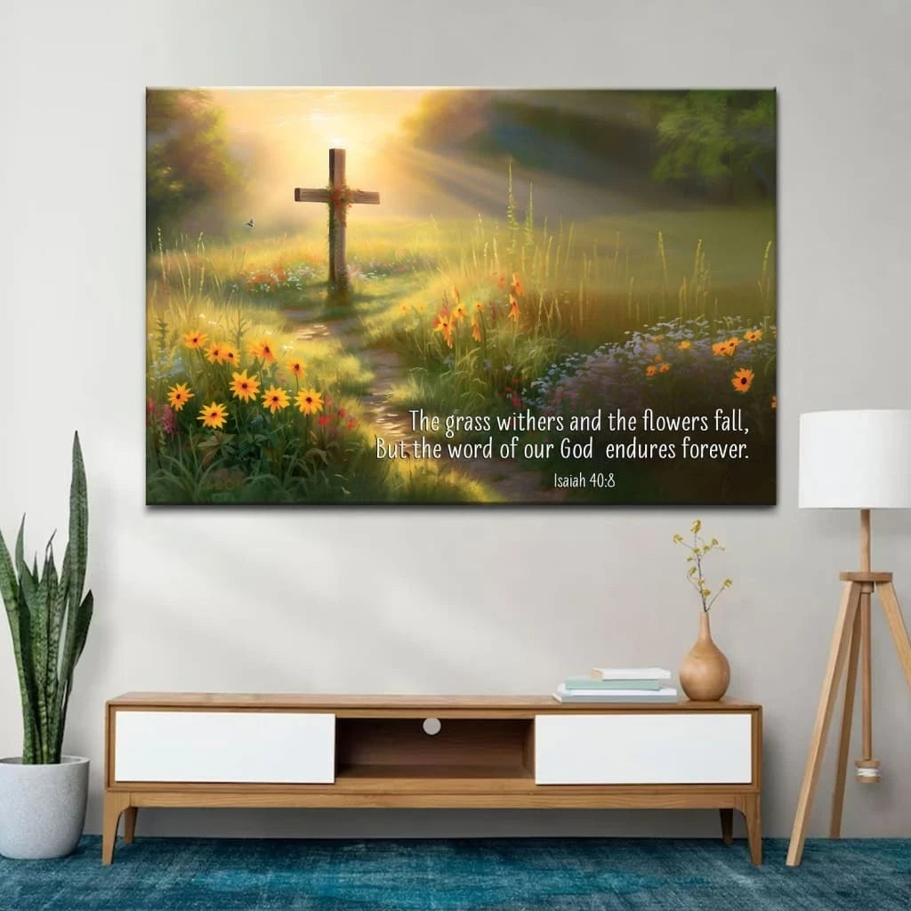 christian wall art isaiah 40 8 the word of our god endures forever canvas wooden cross field (Landscape)