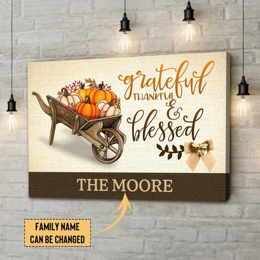 personalized grateful thankful blessed wall art thanksgiving canvas print with custom family name (Landscape)