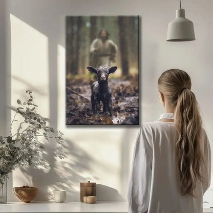 christian wall art jesus runs after his lost sheep in the rainy forest canvas (view 2)