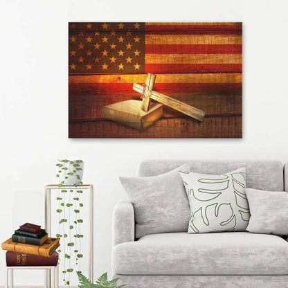 american flag cross with holy bible book wall art canvas (Landscape) (view 3)