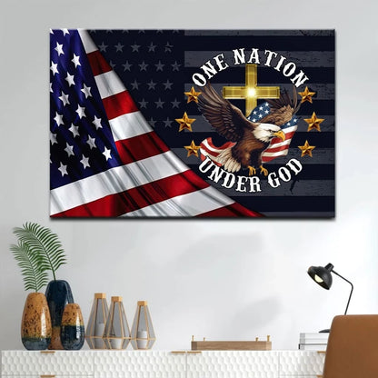 one nation under god bald eagle american flag cross wall art canvas (Landscape)