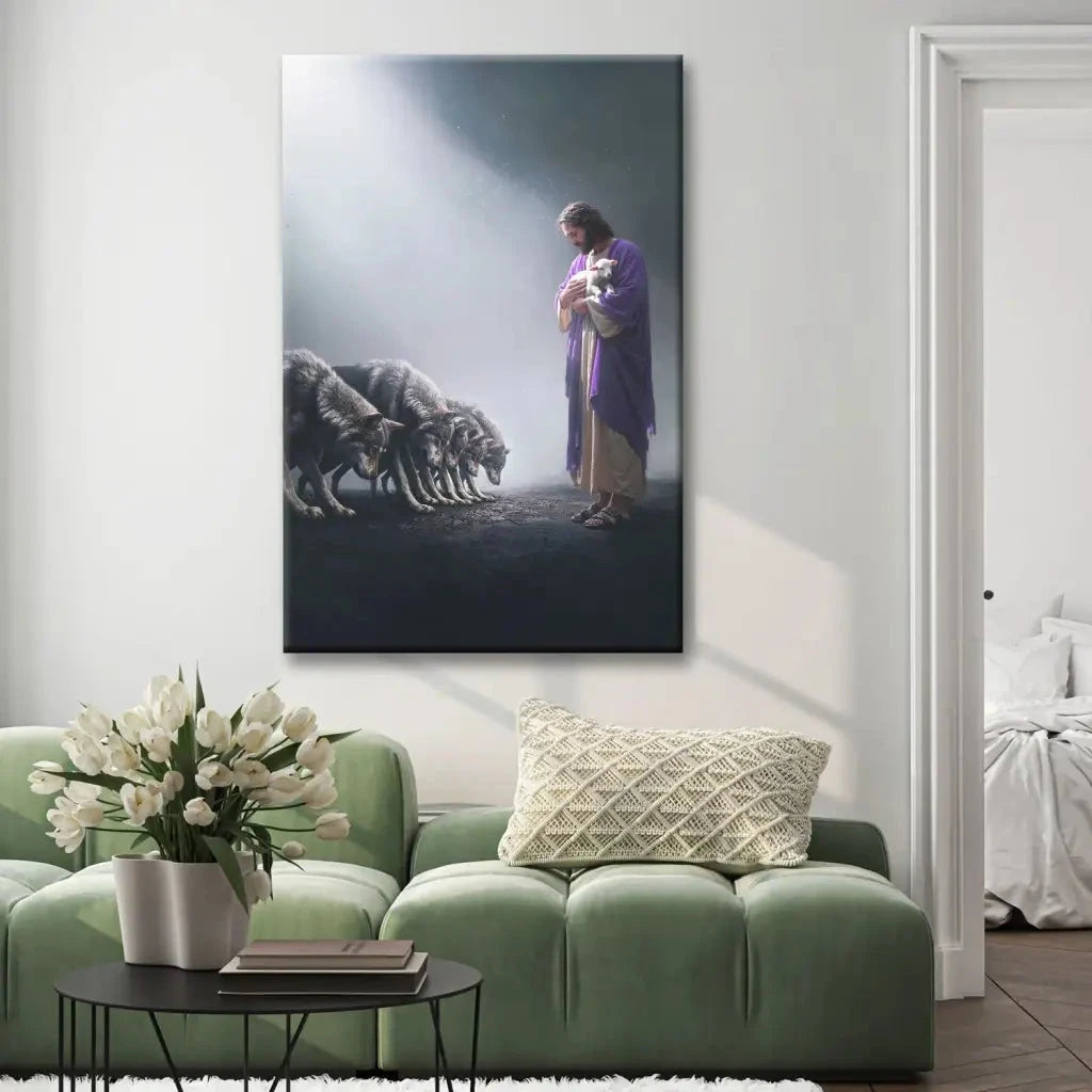 jesus holds a lamb as wolves bow down christian wall art canvas (view 8)