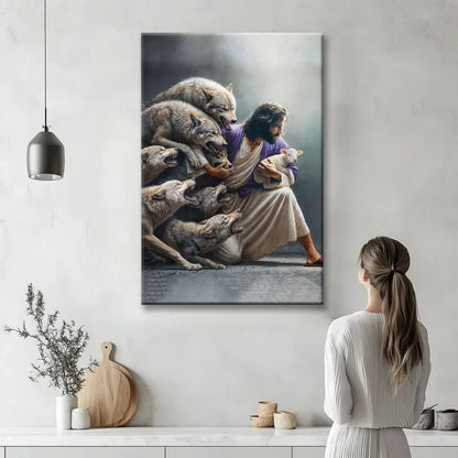 jesus protects the lamb from wolves wall art canvas (Landscape) (view 3)