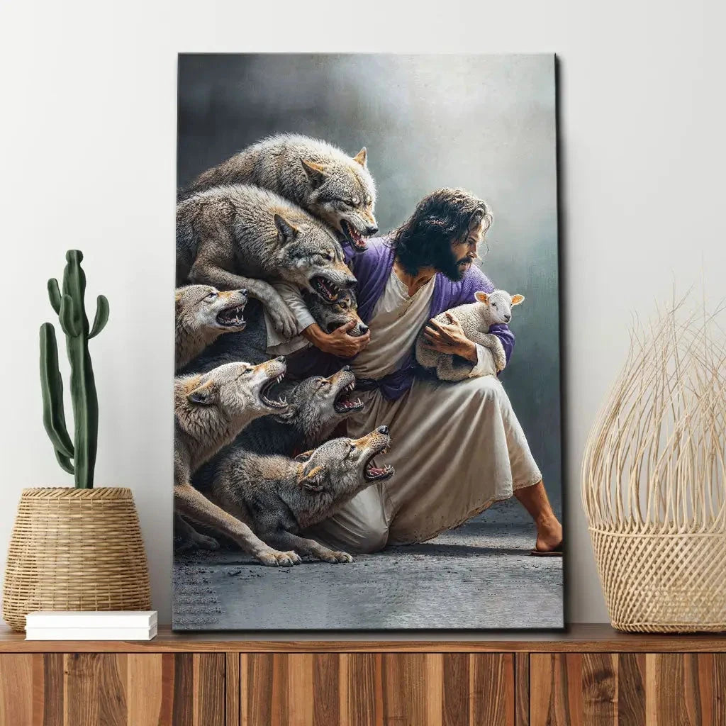 jesus protects the lamb from wolves wall art canvas (Landscape) (view 4)
