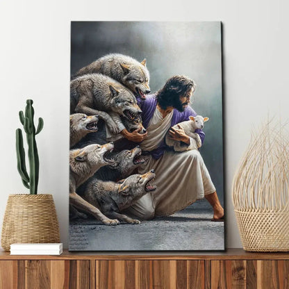 jesus protects the lamb from wolves wall art canvas (Landscape) (view 4)