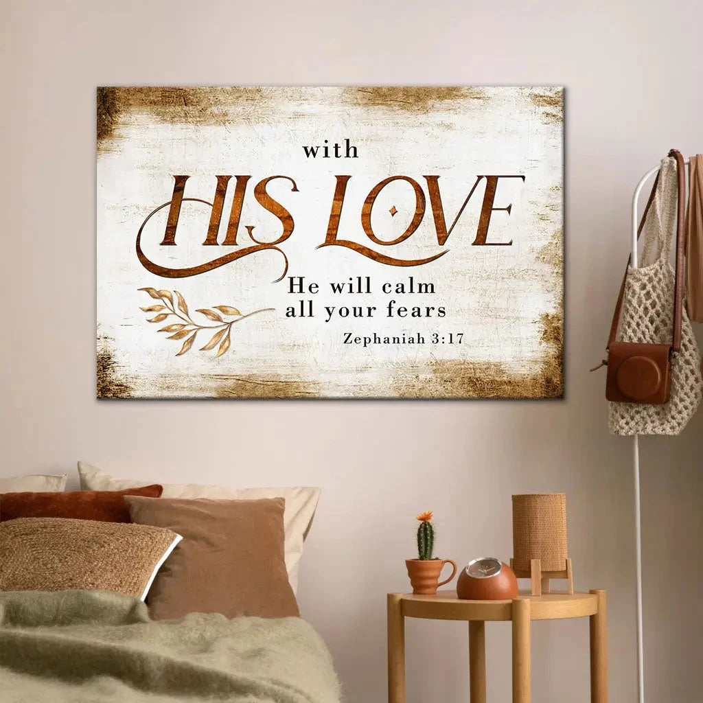 rustic zephaniah 3 17 with his love he will calm all your fears christian wall art canvas (Landscape)