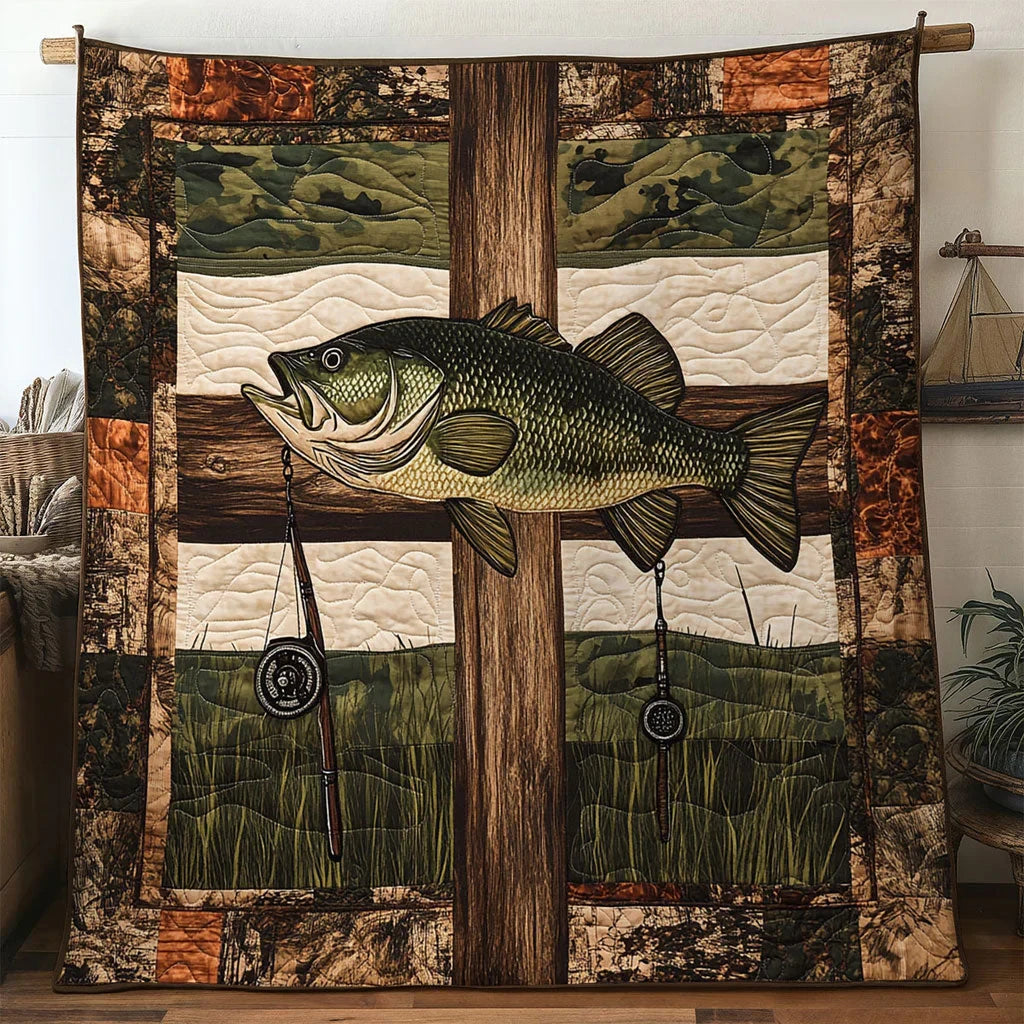 Bass Fish Forest Cross Quilt Blanket