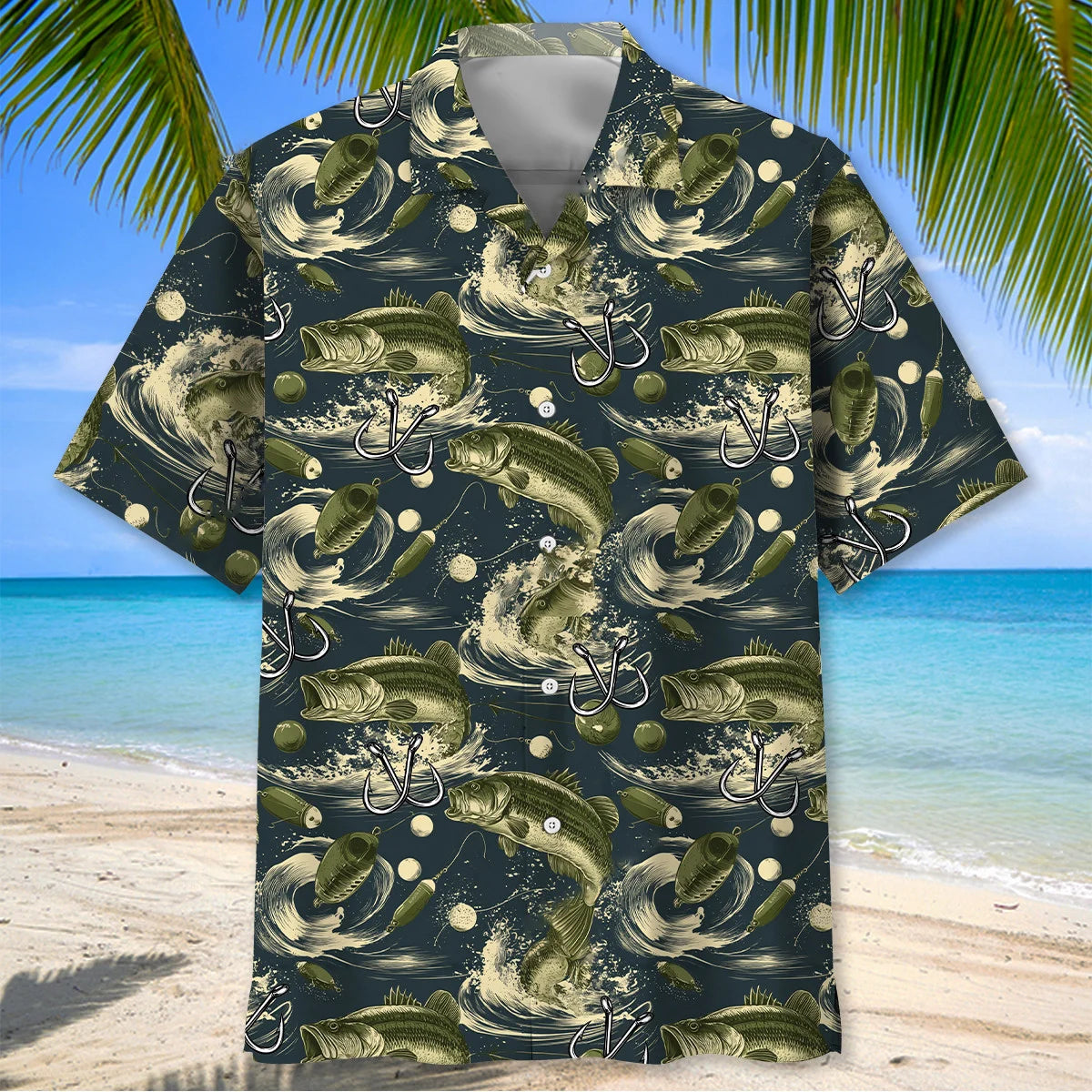 Bass Fishing Moss Green Hawaiian Shirt