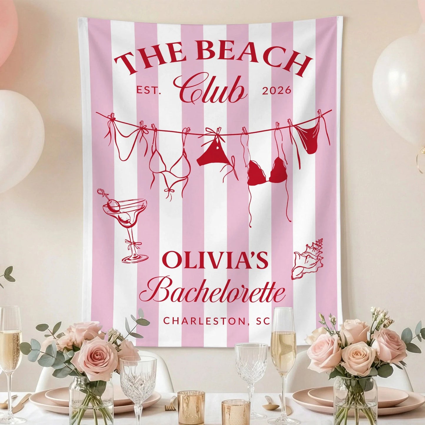 Beach Bachelorette Party Banner Personalized Beach Club Bachelorette Backdrop Custom Name Bridal Party Banner, bridal show...