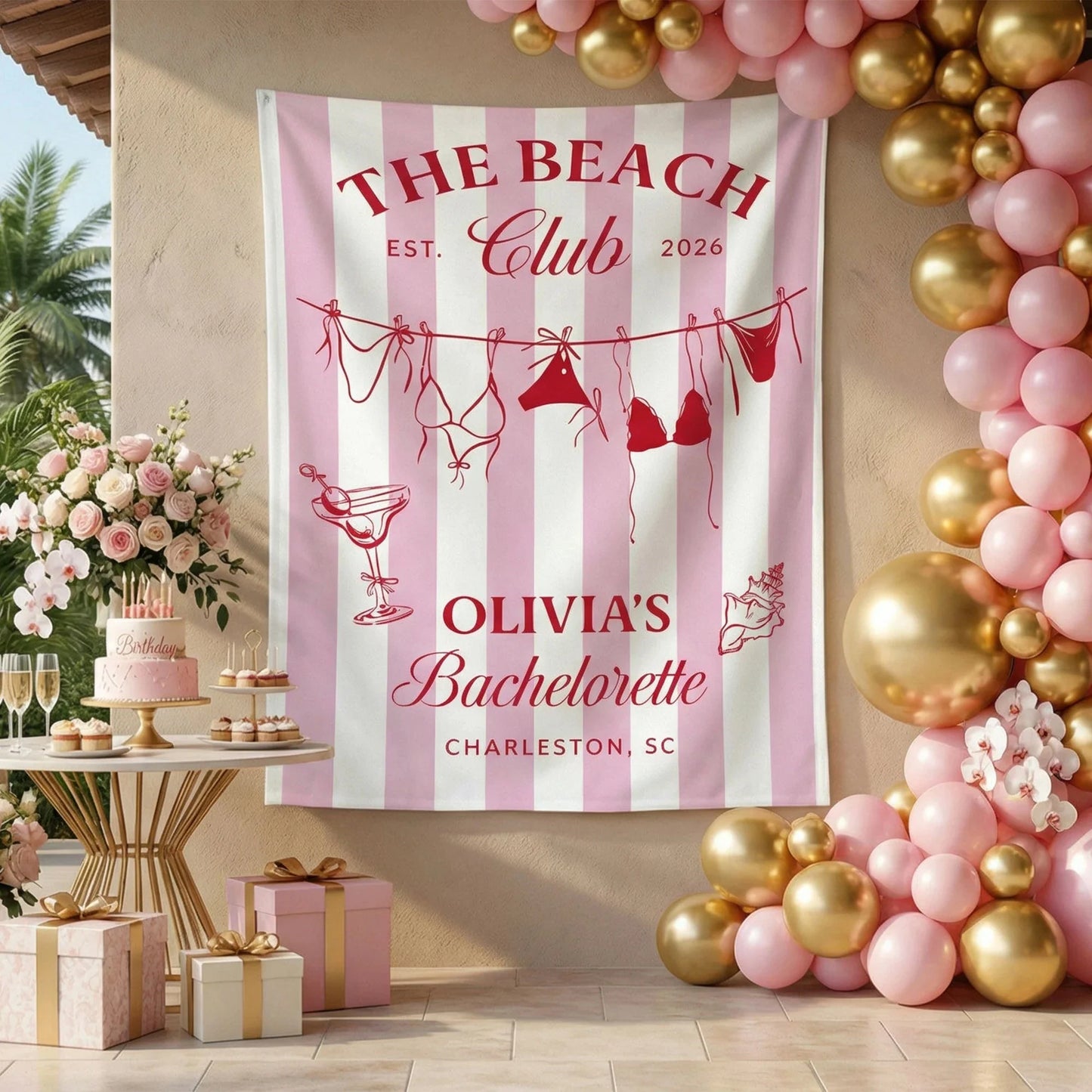 Beach Bachelorette Party Banner Personalized Beach Club Bachelorette Backdrop Custom Name Bridal Party Banner, bridal show...