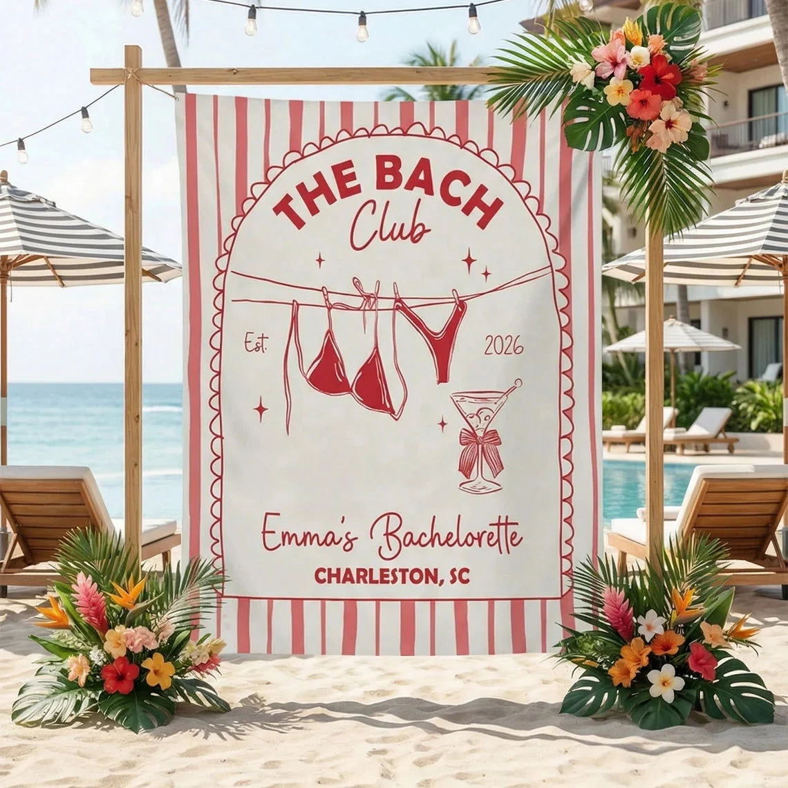 Beach Club Bachelorette Banner Personalized Coastal Bachelorette Party Backdrop Custom Name Bridal Party Banner, bridal sh...