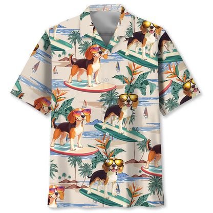 Beagle Surfing on Beach Hawaiian Shirt