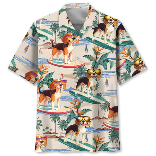Beagle Surfing on Beach Hawaiian Shirt