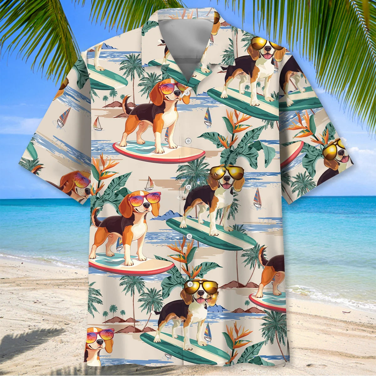 Beagle Surfing on Beach Hawaiian Shirt