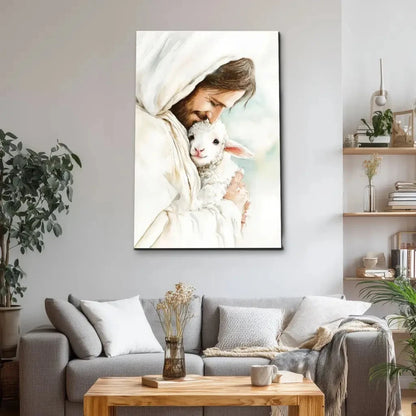 jesus holding the lost lamb good shepherd christian wall art canvas (view 2)