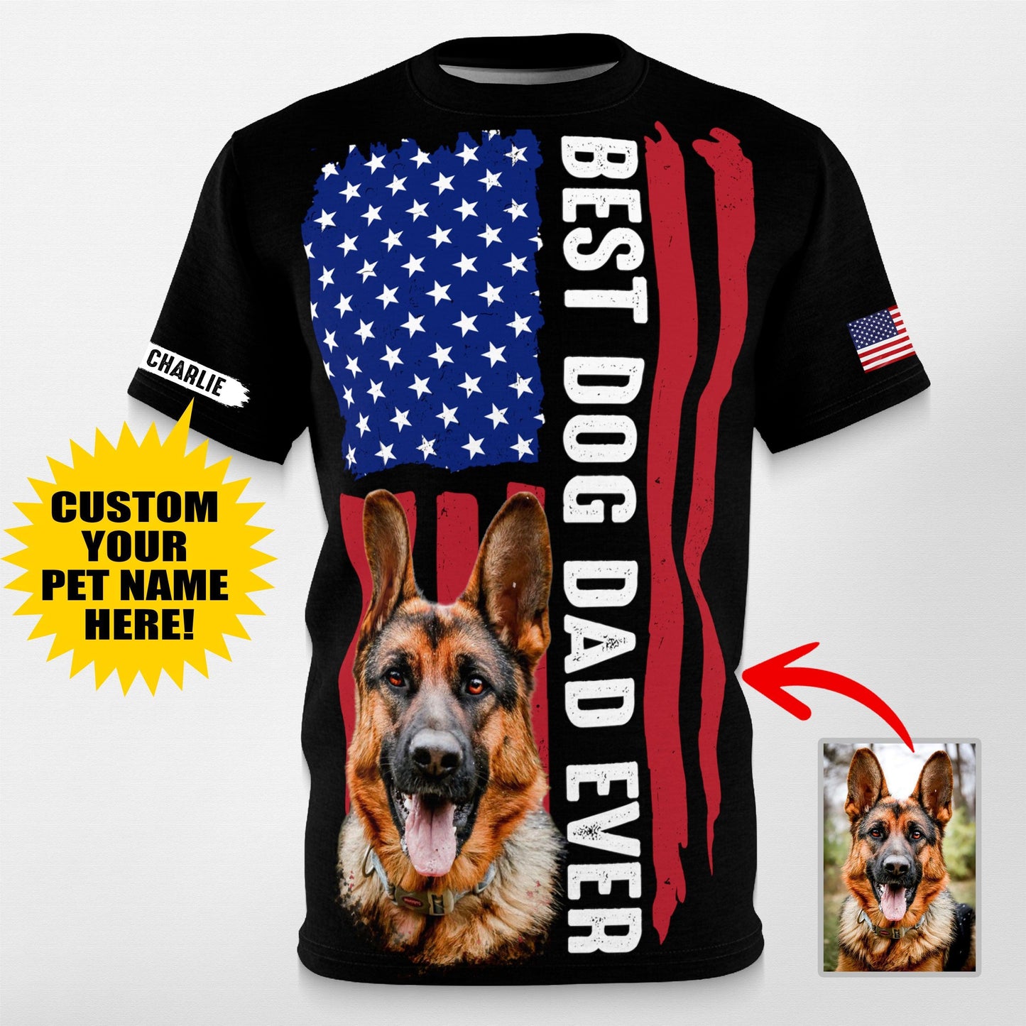 Best Dog Dad Ever Customized Dog AOP Unisex T-Shirt, custom pet portrait gift for pet lovers